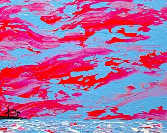 Pink, Sunrise, Painting, Ocean, Sky, Cloud, Nature, Seascape, Blue Sky, Blue, White, Flamingo, FLAMINGO SUNRISE by ahsta blu / Free Shipping