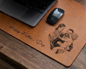 Personalized Sketch Art From Dad Photo Desk Mat, Father's Day Gift For Husband, Daddy Custom Photo Line Art Mouse Pad, Dad Birthday Gift