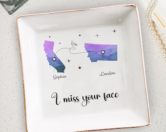 I Miss Your Face, Custom Multiple States, Best Friend Flower Ring Dish, Birthday Jewelry Dish Gift for Bestie, Long Distance Friendship Gift