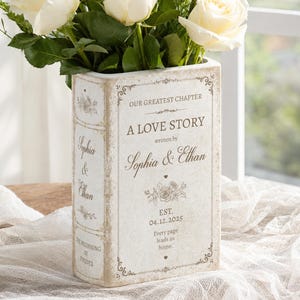 Romantic Couple Love Story Ceramic Book Vase Gift, Personalized Newlywed Vintage Book Flower Pot, Bridal Shower Anniversary Gift For Wife