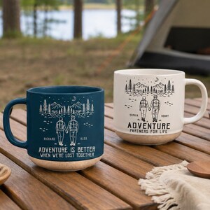 Personalized Camping Partners Pottery Mug For Couple, Custom Couple Camping Coffee Cup, Engagement Wedding Anniversary Gift, Hiking Cup Gift