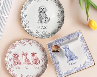 Personalized Dog Breed Jewelry Dish: Chinoiserie Toile Ceramic Trinket Tray