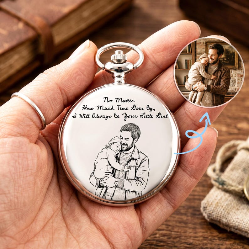 Puede incluir: Un reloj de bolsillo plateado con un grabado detallado de un padre y un ni&ntilde;o. La esfera del reloj incluye la inscripci&oacute;n: "No Matter How Much Time Goes By, I Will Always Be Your Little Girl." Una peque&ntilde;a foto est&aacute; en la esquina superior derecha.