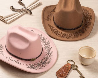 Custom Birth Flower Name Personalized Cowboy Hat, Western Cowgirl Bachelorette Party Nashville Trip Outfit, Country Concert Gift For Girl