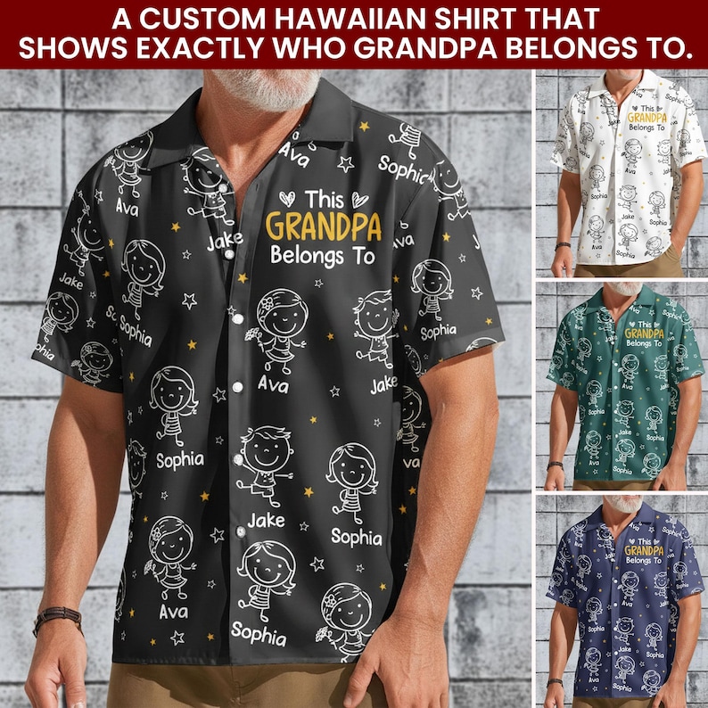 Peut inclure: Une chemise hawa&iuml;enne personnalis&eacute;e avec un fond noir, pr&eacute;sentant un motif r&eacute;p&eacute;t&eacute; de dessins d'enfants de dessins anim&eacute;s et de noms. La chemise porte le texte "This Grandpa Belongs To" au centre. D'autres chemises en blanc, vert et bleu marine sont &eacute;galement pr&eacute;sent&eacute;es.