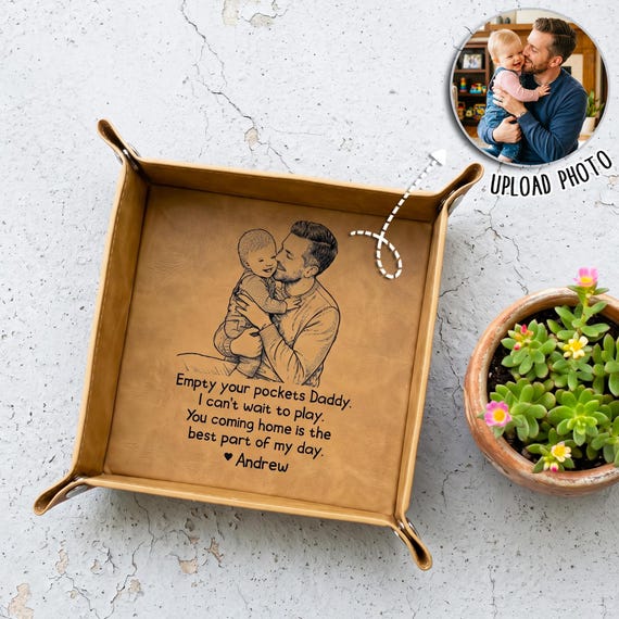 Converts a personal photo into a line-art sketch printed on the leather — that 'my face is on my dad's desk tray' twist makes this genuinely one-of-a-kind.