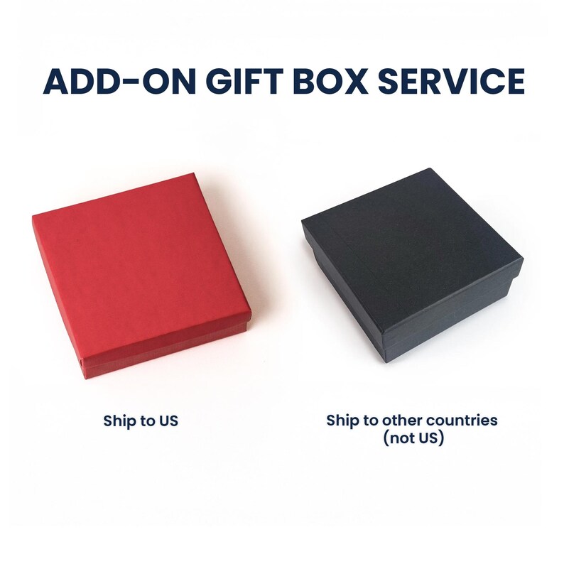 May include: Two square gift boxes, one red and one black, are displayed with the text ADD-ON GIFT BOX SERVICE at the top. Below the red box is the text Ship to US, and below the black box is the text Ship to other countries (not US).