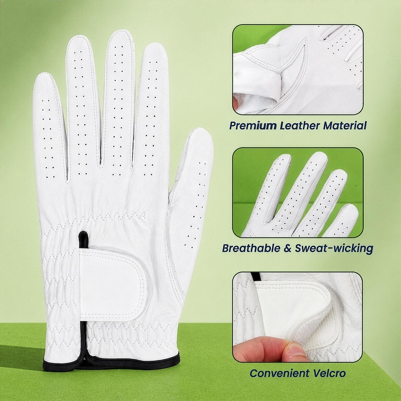 K&ouml;nnte beinhalten: Ein wei&szlig;er Golfhandschuh mit perforierten Fingern zur Bel&uuml;ftung, einem strukturierten Handgelenksbereich und einem Klettverschluss. Drei Eins&auml;tze zeigen das hochwertige Ledermaterial, die atmungsaktiven, schwei&szlig;ableitenden Eigenschaften und den Klettverschluss.