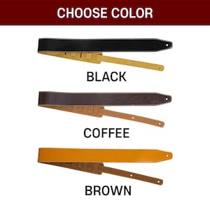 May include: Three guitar straps labeled CHOOSE COLOR, BLACK, COFFEE, and BROWN. Each strap features a wide main section and a narrower adjustable tail with pre-cut holes. The black strap has a gold underside, the coffee strap has a tan underside, and the brown strap has a light brown underside.