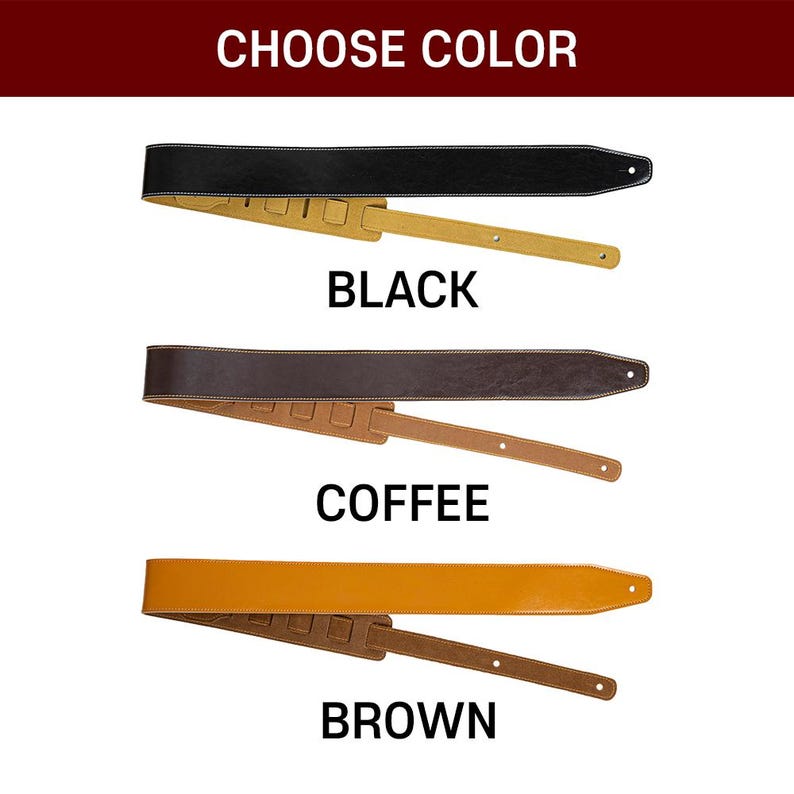 May include: Three guitar straps labeled CHOOSE COLOR, BLACK, COFFEE, and BROWN. Each strap features a wide main section and a narrower adjustable tail with pre-cut holes. The black strap has a gold underside, the coffee strap has a tan underside, and the brown strap has a light brown underside.