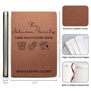 May include: A brown game night score book measuring 5.7 inches by 8.3 inches by 0.6 inches. The cover features the text The Johnson Family GAME NIGHT SCORE BOOK and WHO'S KEEPING SCORE? with icons of dominoes, dice, and playing cards.