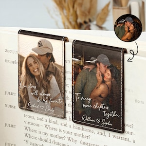 May include: Two rectangular magnetic bookmarks featuring custom photo prints of couples. The left bookmark shows a couple with the text Our story will always be my favourite Richard and Emily. The right shows a couple with To many more chapters together William and Sophia.