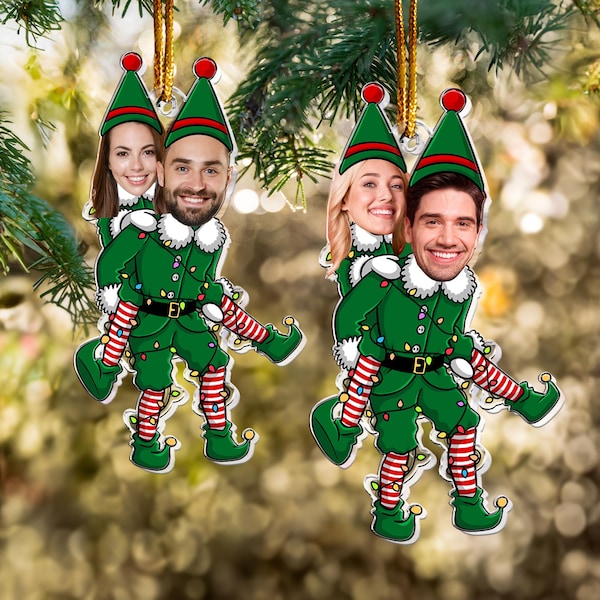 Adorno personalizado para pareja con foto de elfo divertido, cara graciosa personalizada para esposo y esposa, regalo fotográfico para San Valentín, Navidad, aniversario o boda.