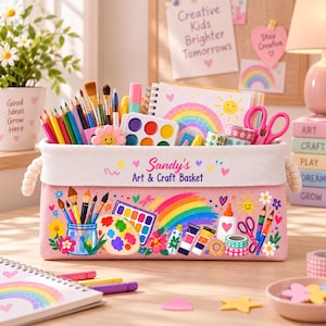 May include: A rectangular pink fabric storage basket with rope handles, labeled Sandy's Art & Craft Basket. The exterior features colorful illustrations of paintbrushes, a palette, a rainbow, and glue. It is filled with art supplies including colored pencils, paint sets, and scissors.