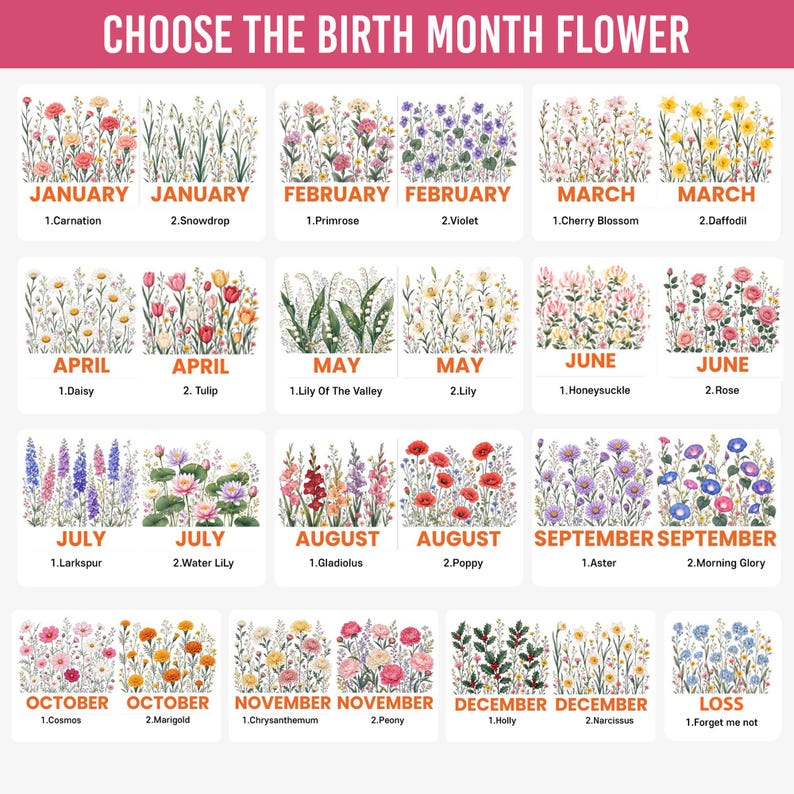 May include: A chart titled CHOOSE THE BIRTH MONTH FLOWER displaying watercolor illustrations of flowers for each month of the year. Each section features two numbered floral options labeled with the month name and the specific flower species name.