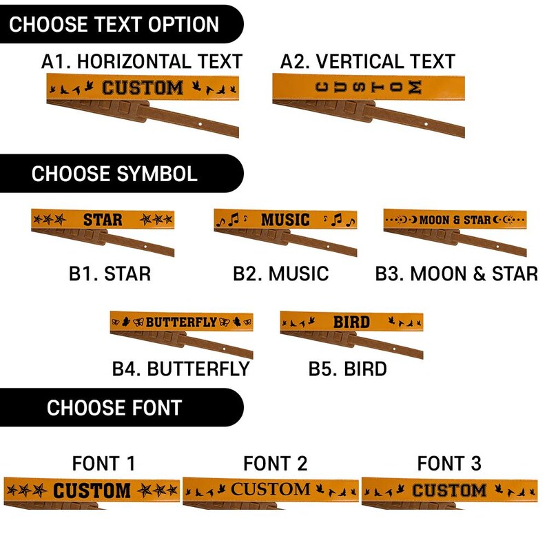 May include: A collection of guitar straps featuring various customization options. The straps are orange with black text and symbols including stars, music notes, moons, butterflies, and birds. Options include horizontal or vertical text layouts.