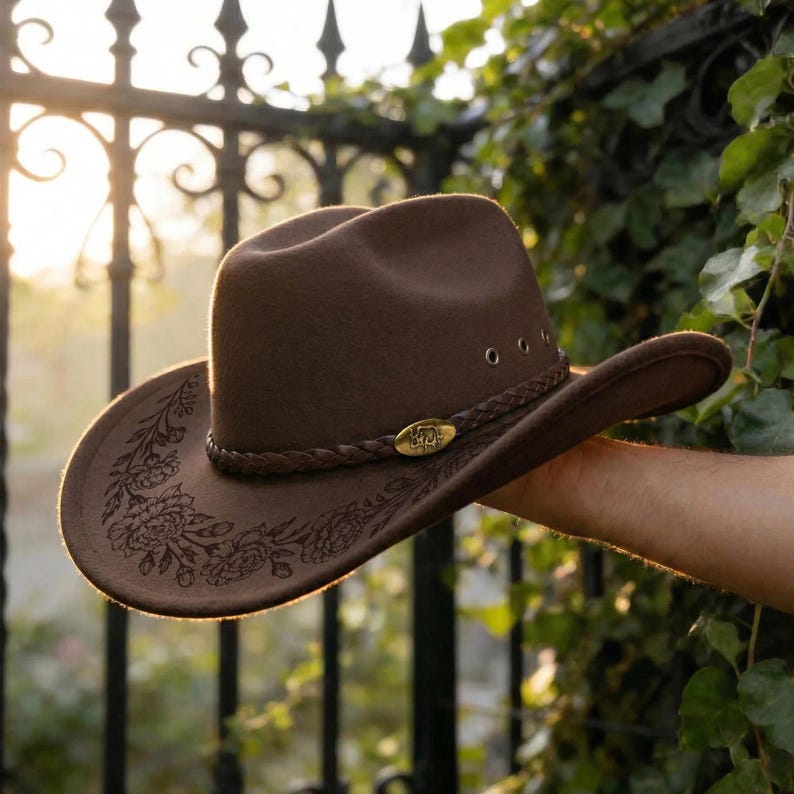 Pode incluir: Um chap&eacute;u de cowboy de feltro castanho com uma faixa entran&ccedil;ada e um emblema oval dourado na parte frontal. A aba larga &eacute; decorada com um padr&atilde;o floral intrincado gravado no feltro e a copa inclui pequenos ilh&oacute;s de ventila&ccedil;&atilde;o em metal.
