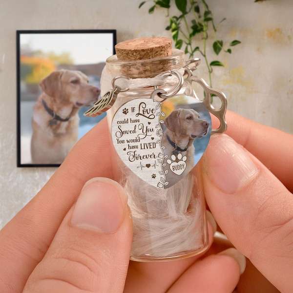 Personalized Pet Memorial Jar: Photo, Fur Keepsake with Angel Wing Charm