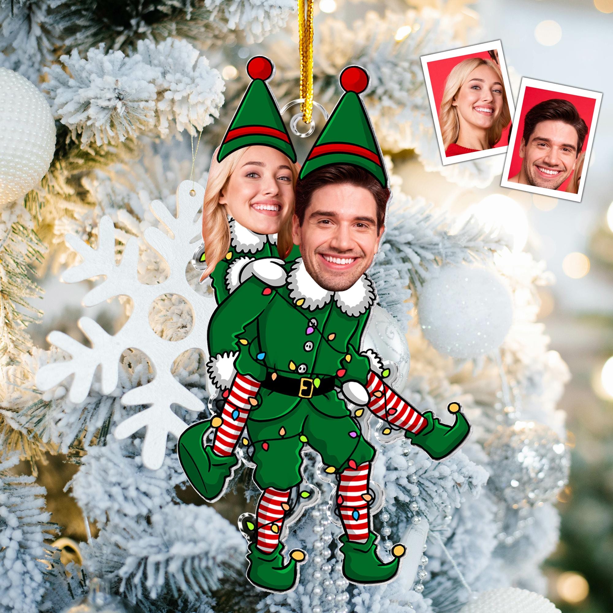 Personalized Couple Funny Elf Photo Ornament, Custom Funny Face For Husband Wife, Photo Gift For Valentine Christmas Anniversary Wedding