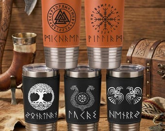 Personalized 20oz Leather Wrapped Tumbler, Norse Mythology Viking Runes, Custom Norse Mythology Gifts, Custom Viking Tumbler, Gift for Him