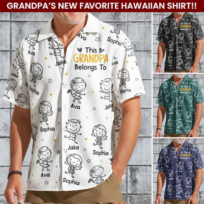 Peut inclure: Une chemise hawa&iuml;enne blanche avec un motif r&eacute;p&eacute;t&eacute; de dessins d'enfants de dessins anim&eacute;s et le texte "This Grandpa Belongs To". La chemise a des manches courtes et une fermeture boutonn&eacute;e. D'autres chemises en noir, vert et bleu marine sont &eacute;galement pr&eacute;sent&eacute;es.