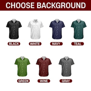 Peut inclure: Plusieurs chemises &agrave; manches courtes de couleurs vari&eacute;es : noir, blanc, bleu marine, sarcelle, vert, bordeaux et gris. Chaque chemise pr&eacute;sente un motif de petites formes blanches en forme d'&eacute;toile. Le texte "CHOOSE BACKGROUND" est en haut.