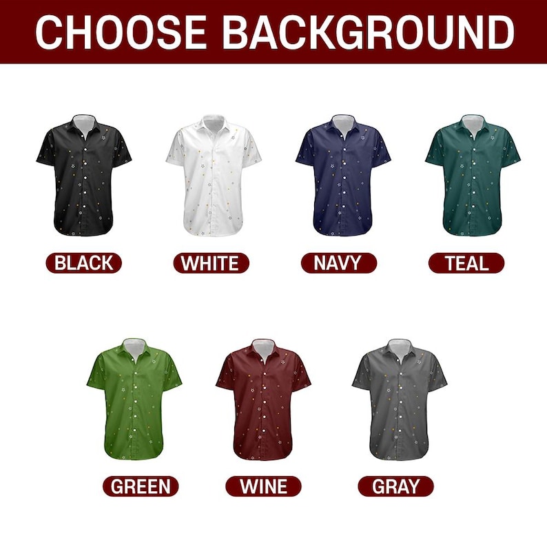 Peut inclure: Plusieurs chemises &agrave; manches courtes de couleurs vari&eacute;es : noir, blanc, bleu marine, sarcelle, vert, bordeaux et gris. Chaque chemise pr&eacute;sente un motif de petites formes blanches en forme d'&eacute;toile. Le texte "CHOOSE BACKGROUND" est en haut.