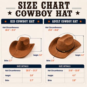Pode incluir: Uma tabela de tamanhos para chap&eacute;us de cowboy com dois chap&eacute;us castanhos. O chap&eacute;u de crian&ccedil;a tem 20,5-21,3 polegadas de circunfer&ecirc;ncia, 3,9 de altura e 2,7 de aba. O de adulto tem 21,6-23,6 polegadas de circunfer&ecirc;ncia, 4,1 e 2,9 de aba.