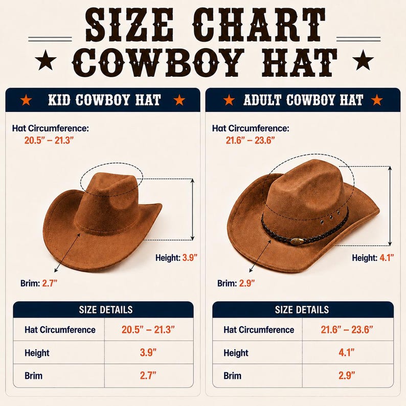 Pode incluir: Uma tabela de tamanhos para chap&eacute;us de cowboy com dois chap&eacute;us castanhos. O chap&eacute;u de crian&ccedil;a tem 20,5-21,3 polegadas de circunfer&ecirc;ncia, 3,9 de altura e 2,7 de aba. O de adulto tem 21,6-23,6 polegadas de circunfer&ecirc;ncia, 4,1 e 2,9 de aba.
