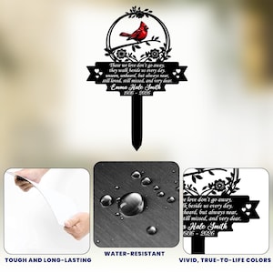May include: A black metal memorial garden stake featuring a red cardinal perched on a branch within a circular frame. The stake includes the text "Those we love don't go away... Emma Hale Smith 1936-2026". The stake is water-resistant and has vivid, true-to-life colors.