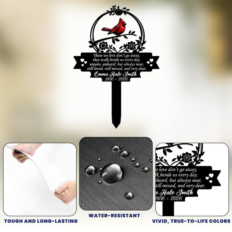 May include: A black metal memorial garden stake featuring a red cardinal perched on a branch within a circular frame. The stake includes the text "Those we love don't go away... Emma Hale Smith 1936-2026". The stake is water-resistant and has vivid, true-to-life colors.