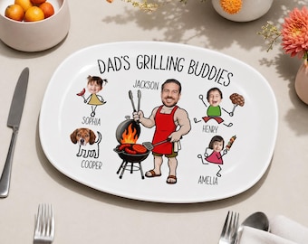 Custom Dad & Kid Funny Grilling Plate, Personalized Father's Day Gift For Husband, Grandpa BBQ Platter, Cooking Dish For Him Serving Tray