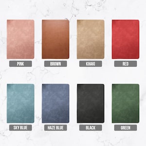 May include: Eight rectangular notebooks with rounded corners, displayed in a grid. The colors are pink, brown, khaki, red, sky blue, haze blue, black, and green. Each notebook is labeled with its corresponding color name in a grey box below it.