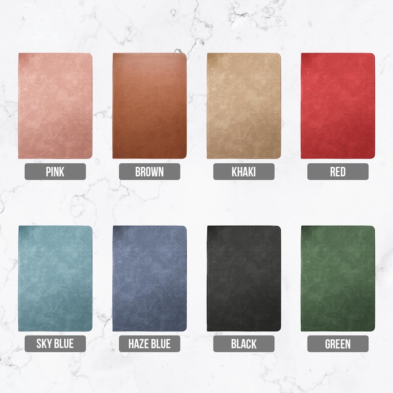May include: Eight rectangular notebooks with rounded corners, displayed in a grid. The colors are pink, brown, khaki, red, sky blue, haze blue, black, and green. Each notebook is labeled with its corresponding color name in a grey box below it.