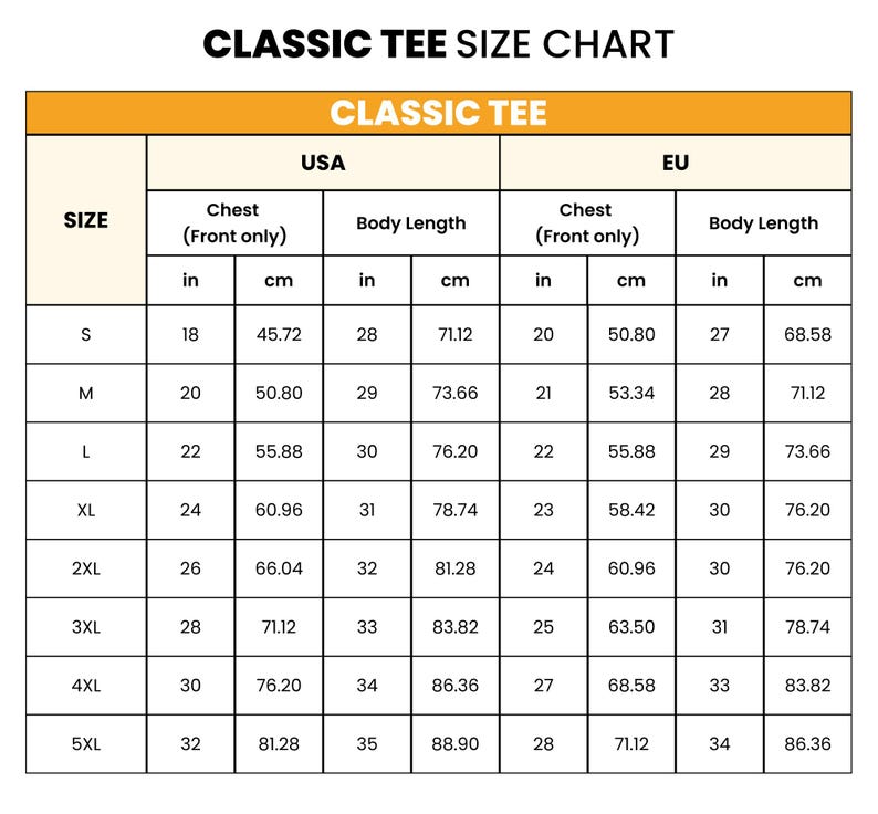 May include: A size chart for classic tees, with measurements in inches and centimeters. The chart includes sizes S to 5XL, detailing chest and body length measurements for both USA and EU sizes. The text "CLASSIC TEE SIZE CHART" is at the top.