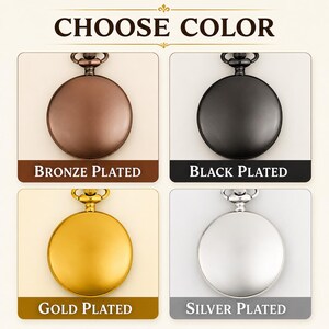 Puede incluir: Imagen que muestra cuatro relojes de bolsillo en diferentes colores: bronce, negro, dorado y plateado. Cada reloj es redondo con un peque&ntilde;o lazo en la parte superior. El texto "CHOOSE COLOR" est&aacute; en la parte superior de la imagen.