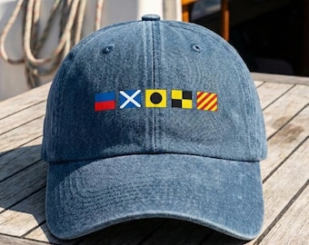 Personalized Name In Nautical Flags Distressed Denim Cap, Fathers Day Gifts For Dad, Custom Boating Sailor Boat Captain Hats Presents
