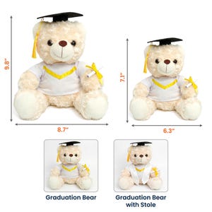 K&ouml;nnte beinhalten: Zwei Pl&uuml;sch-Abschlussb&auml;ren. Der gr&ouml;&szlig;ere B&auml;r ist 25 cm hoch und 22 cm breit, und der kleinere B&auml;r ist 18 cm hoch und 16 cm breit. Beide B&auml;ren tragen Abschlusskappen und -roben und halten Diplome. Die B&auml;ren sind cremefarben.