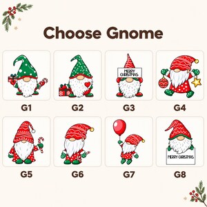 Pu&ograve; includere: Una tabella di selezione intitolata Choose Gnome che presenta otto distinte illustrazioni di gnomi natalizi etichettate da G1 a G8. Ogni gnomo indossa un cappello e un abito festivo in rosso, verde e bianco, tenendo in mano regali, bastoncini di zucchero o cartelli.