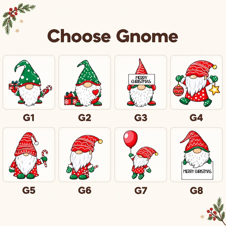 Pu&ograve; includere: Una tabella di selezione intitolata Choose Gnome che presenta otto distinte illustrazioni di gnomi natalizi etichettate da G1 a G8. Ogni gnomo indossa un cappello e un abito festivo in rosso, verde e bianco, tenendo in mano regali, bastoncini di zucchero o cartelli.