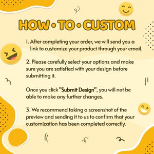 May include: A yellow and white graphic with the text "HOW TO CUSTOM" and instructions for customizing a product. The instructions include selecting options, submitting the design, and confirming the customization.