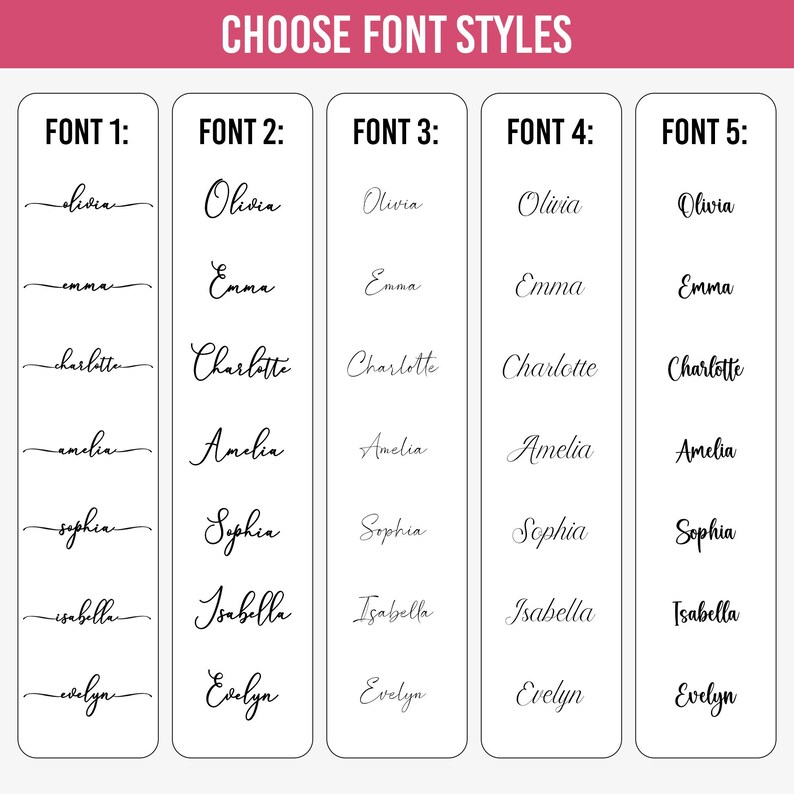 May include: A chart titled CHOOSE FONT STYLES displaying five vertical columns of text options. Each column lists seven names: Olivia, Emma, Charlotte, Amelia, Sophia, Isabella, and Evelyn, each rendered in a distinct black typeface style on a white background.
