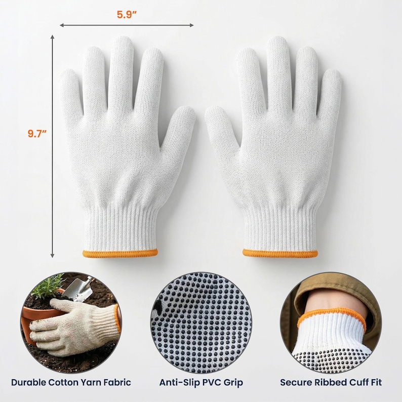 Op de afbeelding: Een paar witte katoenen garen handschoenen met zwarte antislip PVC-stippen op de handpalmen en een veilige geribbelde boord met oranje rand. De handschoenen zijn 15 cm breed en 24,6 cm lang en bieden een duurzame grip voor diverse taken.