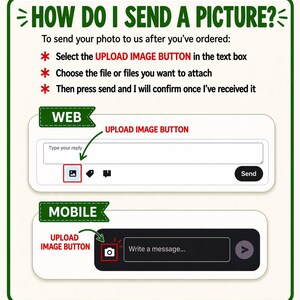 Puede incluir: Una gu&iacute;a sobre c&oacute;mo enviar una imagen, con instrucciones para web y m&oacute;vil. La imagen muestra c&oacute;mo seleccionar el bot&oacute;n "Subir imagen", elegir archivos y enviar. El texto incluye "&iquest;C&oacute;mo env&iacute;o una imagen?" y "Subir imagen".