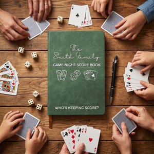 May include: A green hardcover game night score book titled The Smith Family GAME NIGHT SCORE BOOK with a black pen, surrounded by playing cards and white dice. The cover features line art of dominoes, dice, and cards with the text WHO'S KEEPING SCORE?