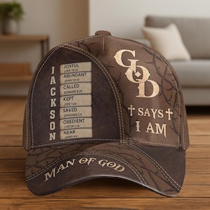 May include: A brown baseball cap with the text "GOD SAYS I AM" and "MAN OF GOD". The cap features a list of words and Bible verses, with the name "JACKSON" on the side. The cap has a camouflage pattern.