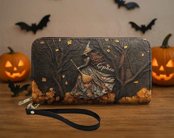 Spooky Witch Art Print, Personalized Leather Long Wallet, Custom Engraved Halloween Gift for Him, Customized Witch Spooky Wallet Gifts