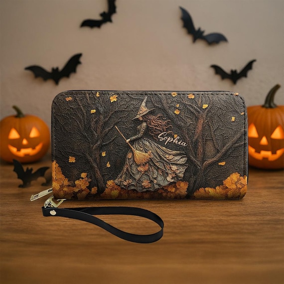 Spooky Witch Art Print, Personalized Leather Long Wallet, Custom Engraved Halloween Gift for Him, Customized Witch Spooky Wallet Gifts
