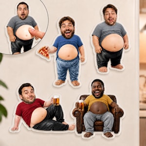 May include: A collection of five custom photo magnets featuring caricatures of men with exposed bellies. The figures are depicted in various poses, including holding a slice of pizza, holding a glass of beer, sitting in a leather armchair, and standing.