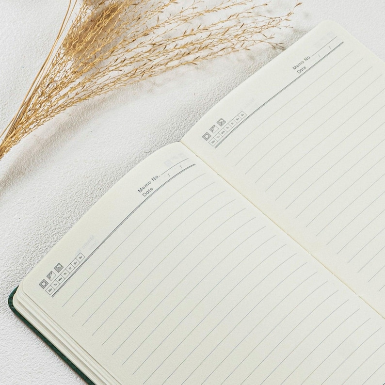 Puede incluir: Un cuaderno abierto con p&aacute;ginas rayadas, con una cubierta verde y una secci&oacute;n para memo y fecha. Las p&aacute;ginas son de color crema, y el cuaderno est&aacute; sobre un fondo blanco con hierba ornamental seca.